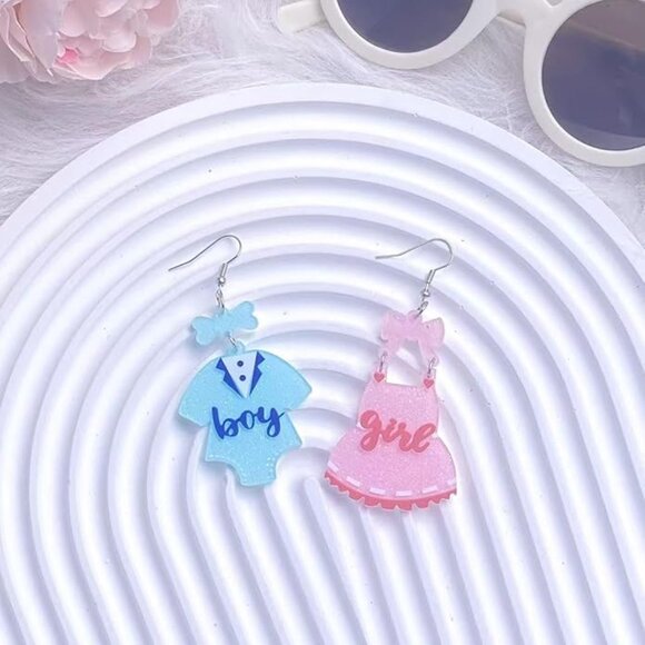 Gender Reveal Earrings Asymmetrical Blue Pink Dress Earrings - Picture 4 of 6